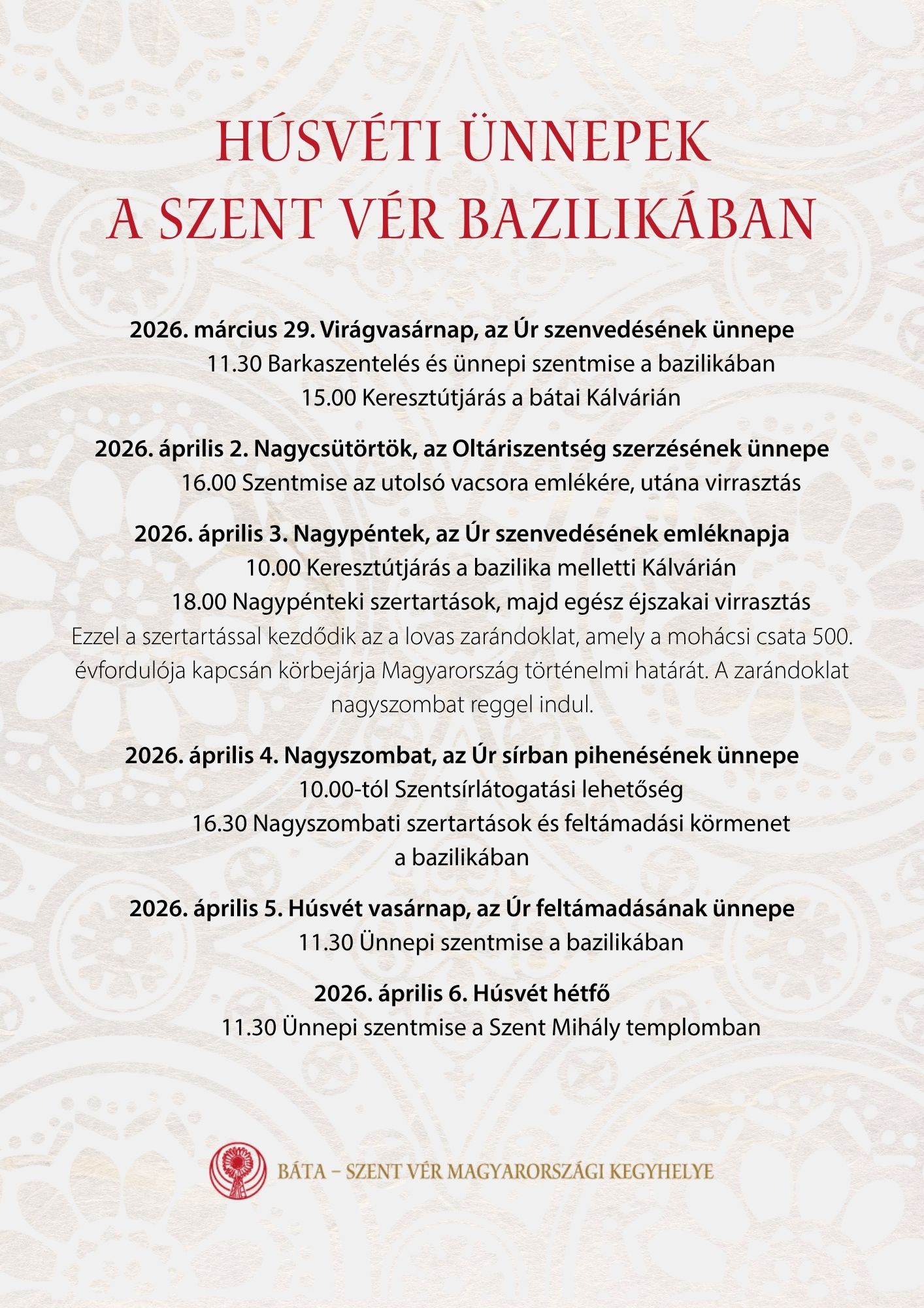 Husveti unnepek a Szent Ver bazilikaban 2026